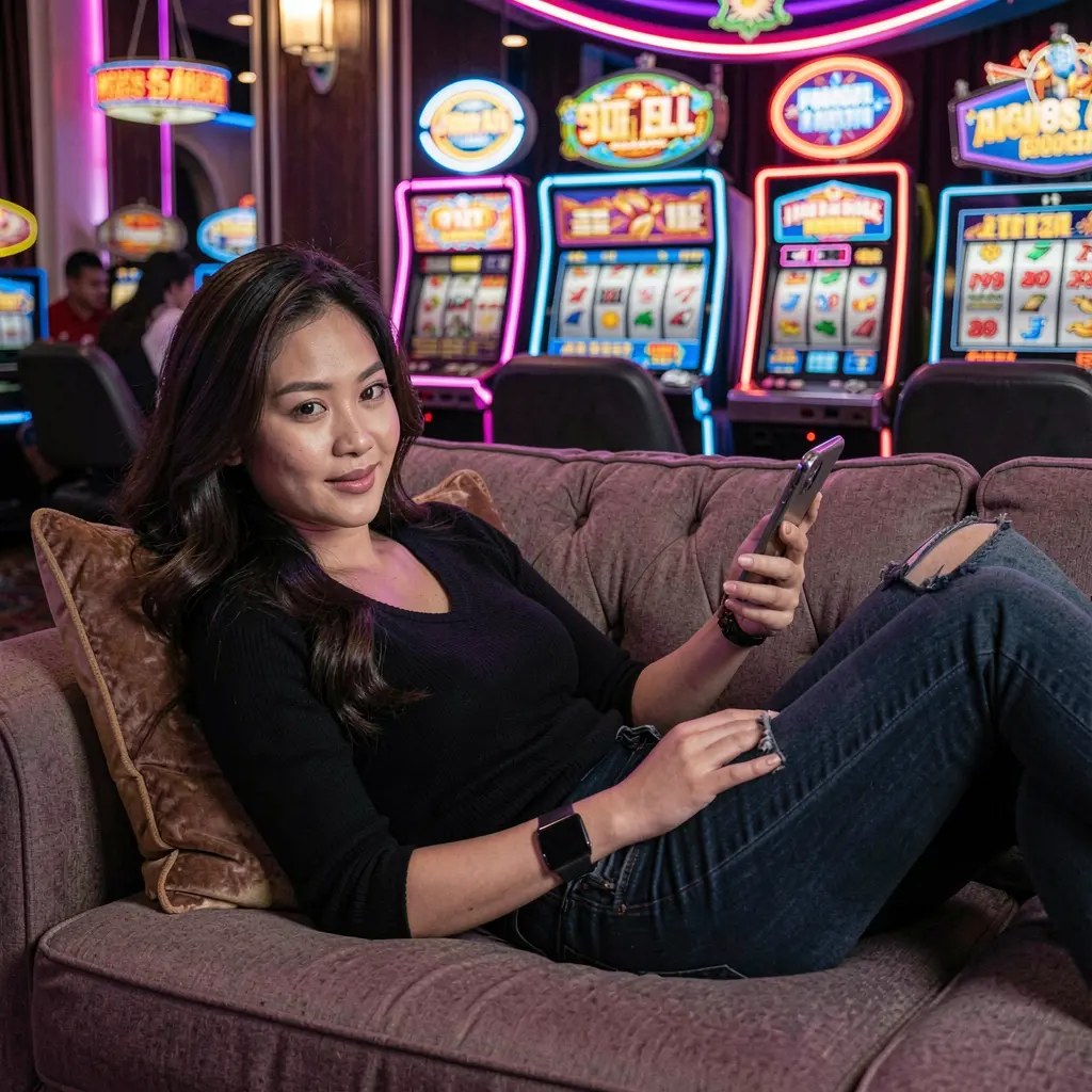 Philippine player using the JJJPH casino app on her phone while relaxing in a vibrant casino setting with slot machines and colorful lights