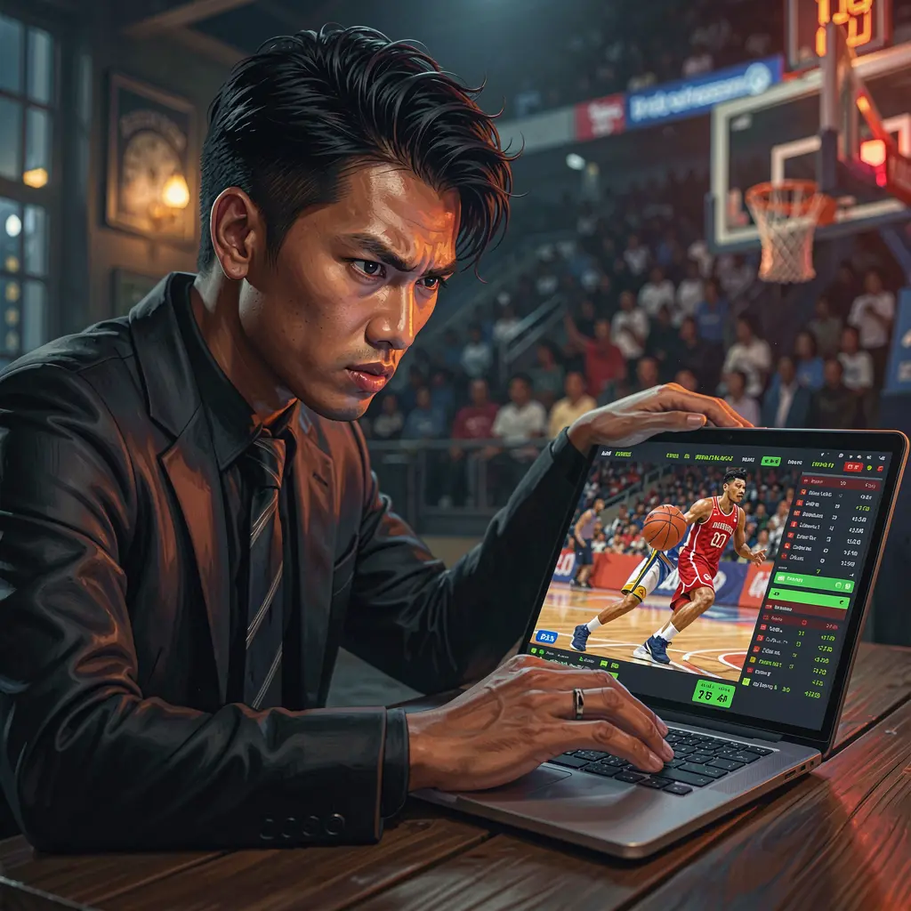 Stylish Filipino bettor using the JJJPH sports betting platform on a laptop while watching a live basketball match with intense focus