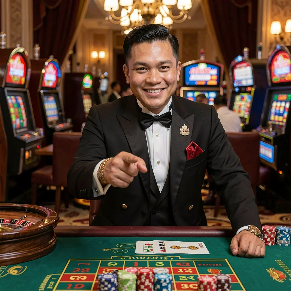 Smiling Filipino casino host pointing forward at a roulette table inside a modern JJJPH live casino studio for player login in the Philippines
